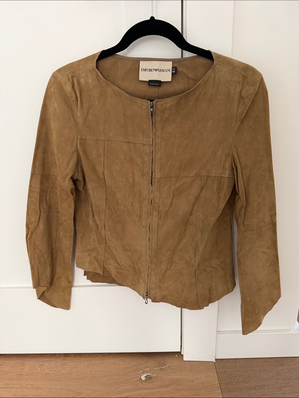 Emporio Armani Suede Zip-Front Jacket in Tan Brown